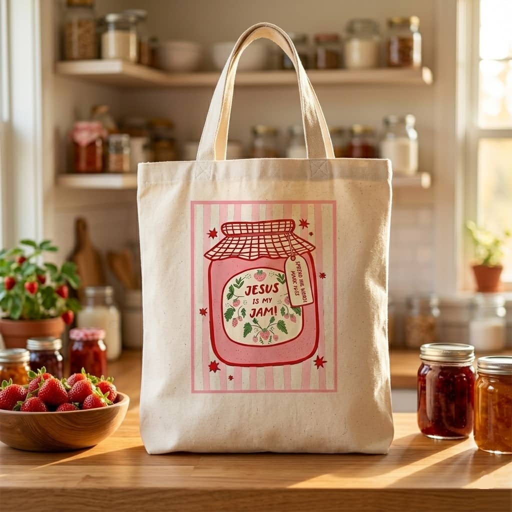 Cute Jesus Is My Jam Cotton Tote - Aesthetic Strawberry Jam Jar Beach Bag thumbnail - back view