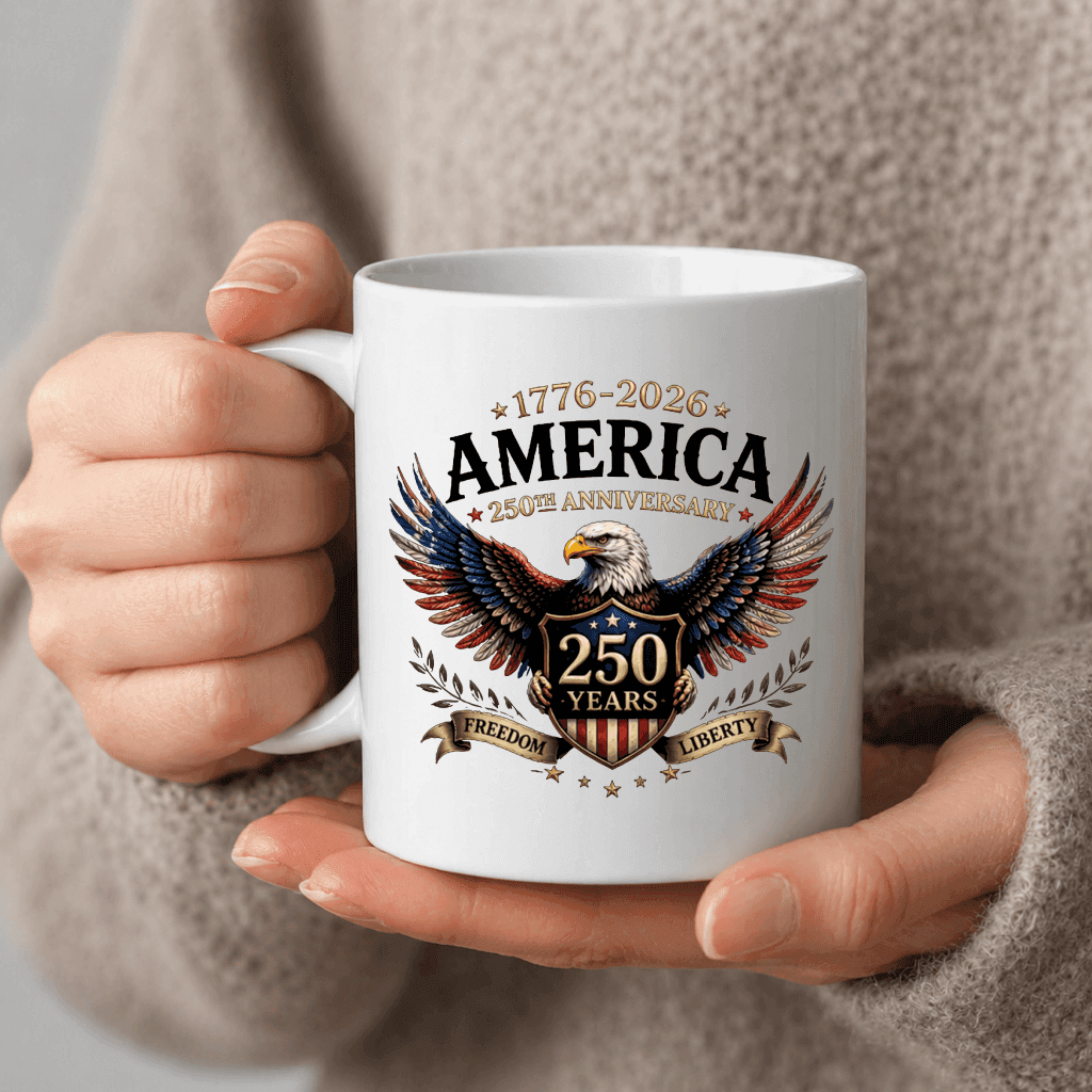 Liberty Eagle 1776–2026 White Mug – America 250th Anniversary Patriotic Graphic Gift for Him Her thumbnail - back view