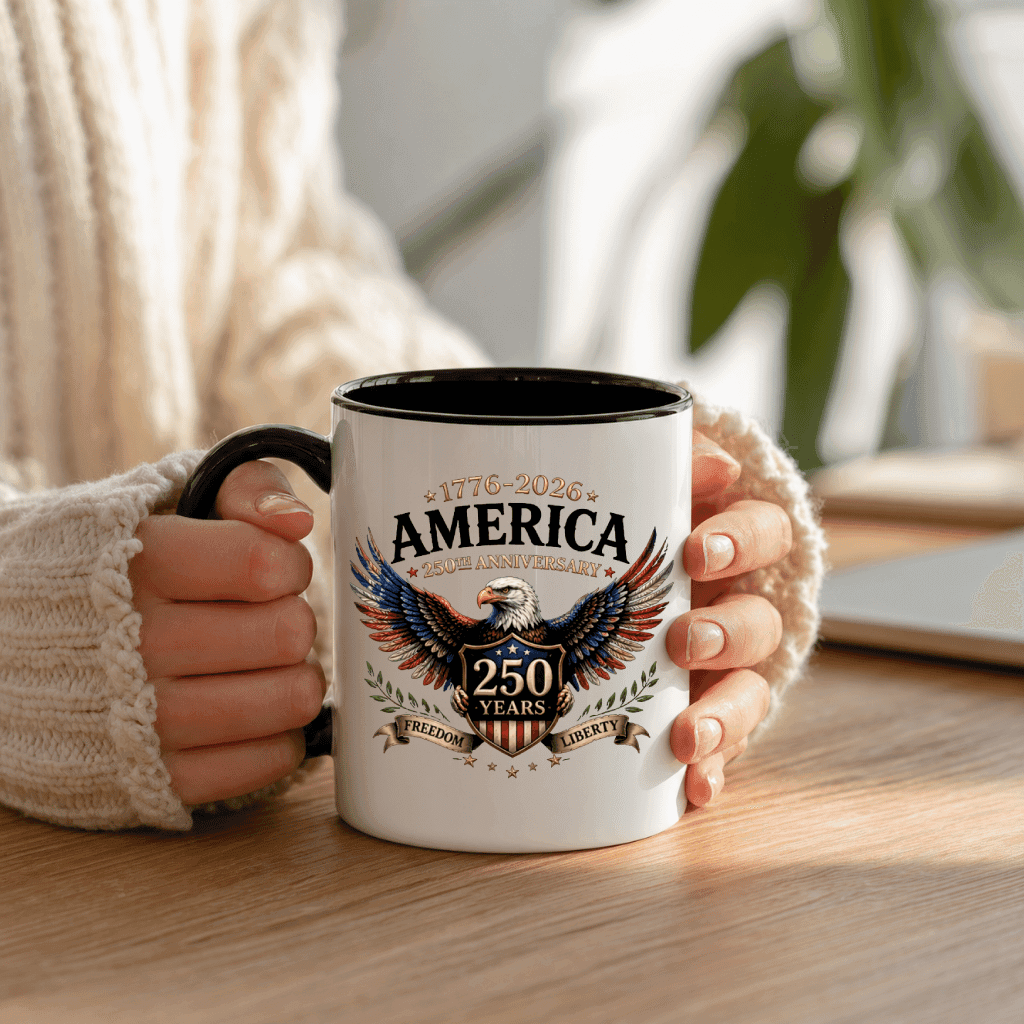 Liberty Eagle 1776–2026 Accent Mug – America 250th Anniversary Patriotic Graphic Gift for Him Her thumbnail - lifestyle view