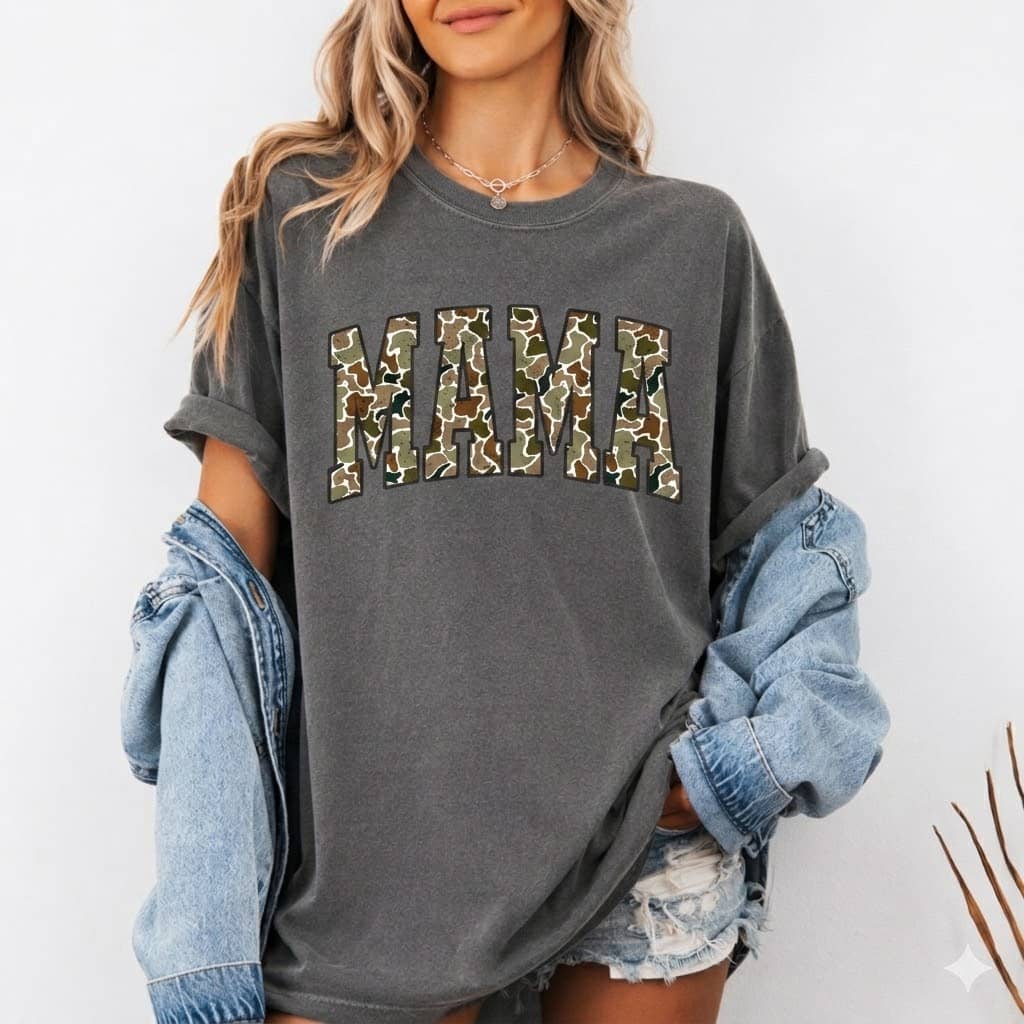 Camo Print Mama + Graphic T-Shirt + Everyday Wear + for Wife + Pepper Comfort Colors thumbnail - back view