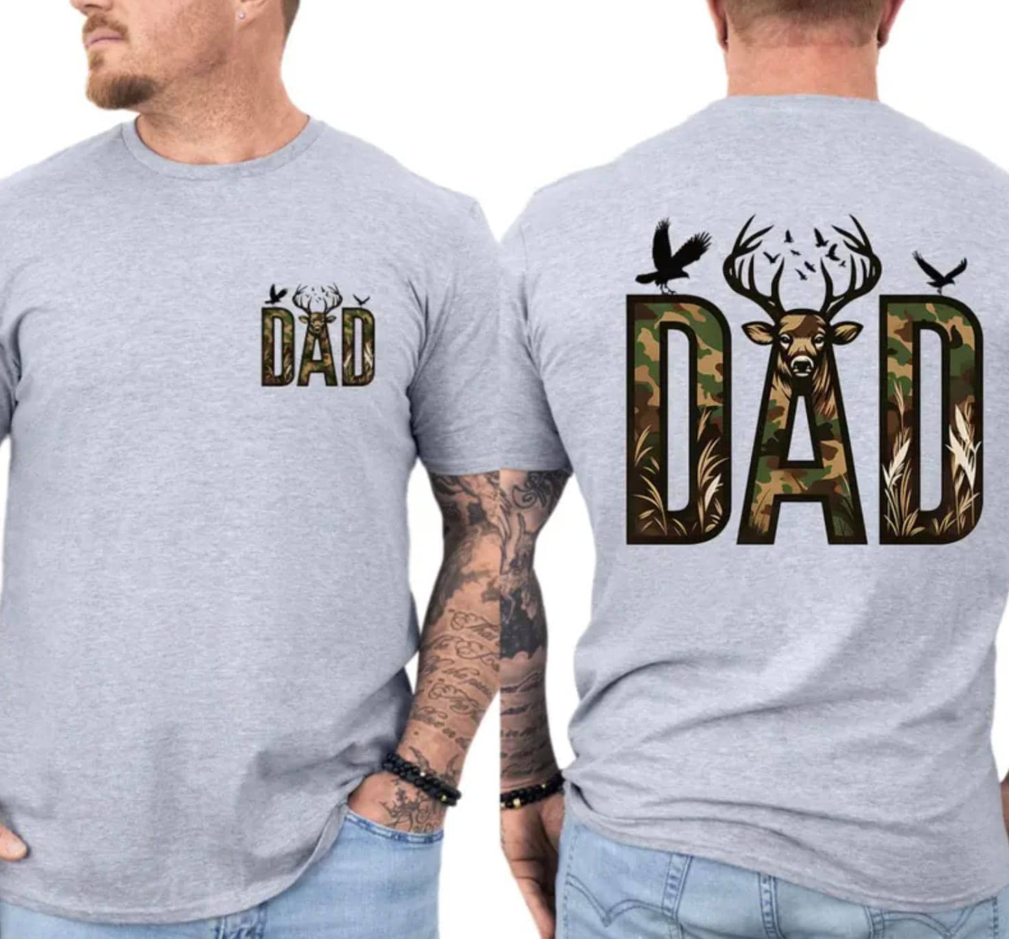 Hunting Dad Deer Graphic Tee Shirt Birthday Present for Him Camouflage Nature Art thumbnail - back view