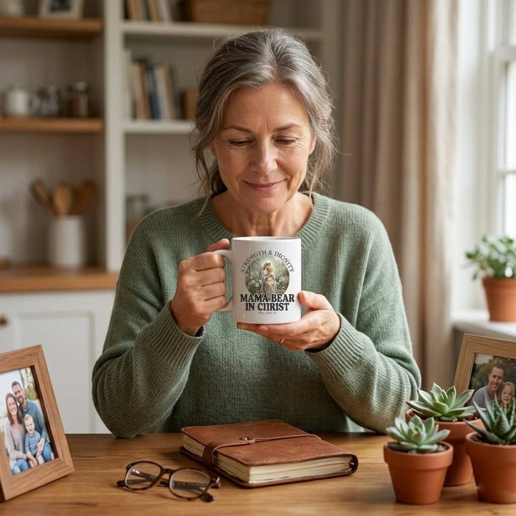 Mama Bear in Christ Strength Dignity White Mug – Christian Coffee Cup for Mom thumbnail - back view