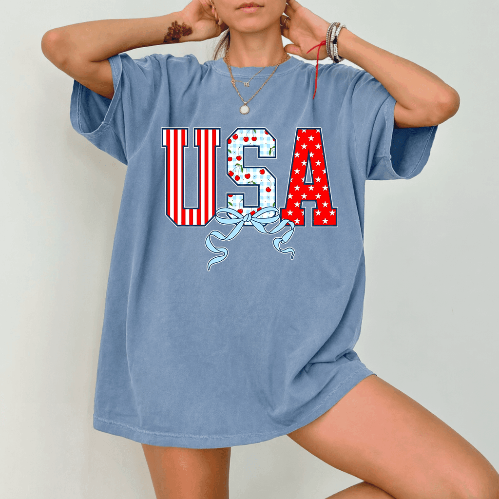USA Flag Coquette Bow Wash Tee - Funny 4th of July Gift for women thumbnail - back view