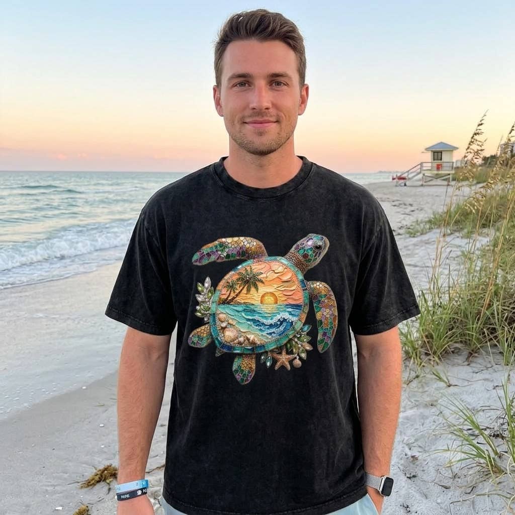 Vintage Wash Mosaic Turtle Tee - Retro Coastal Aesthetic Beach Shirt thumbnail - back view