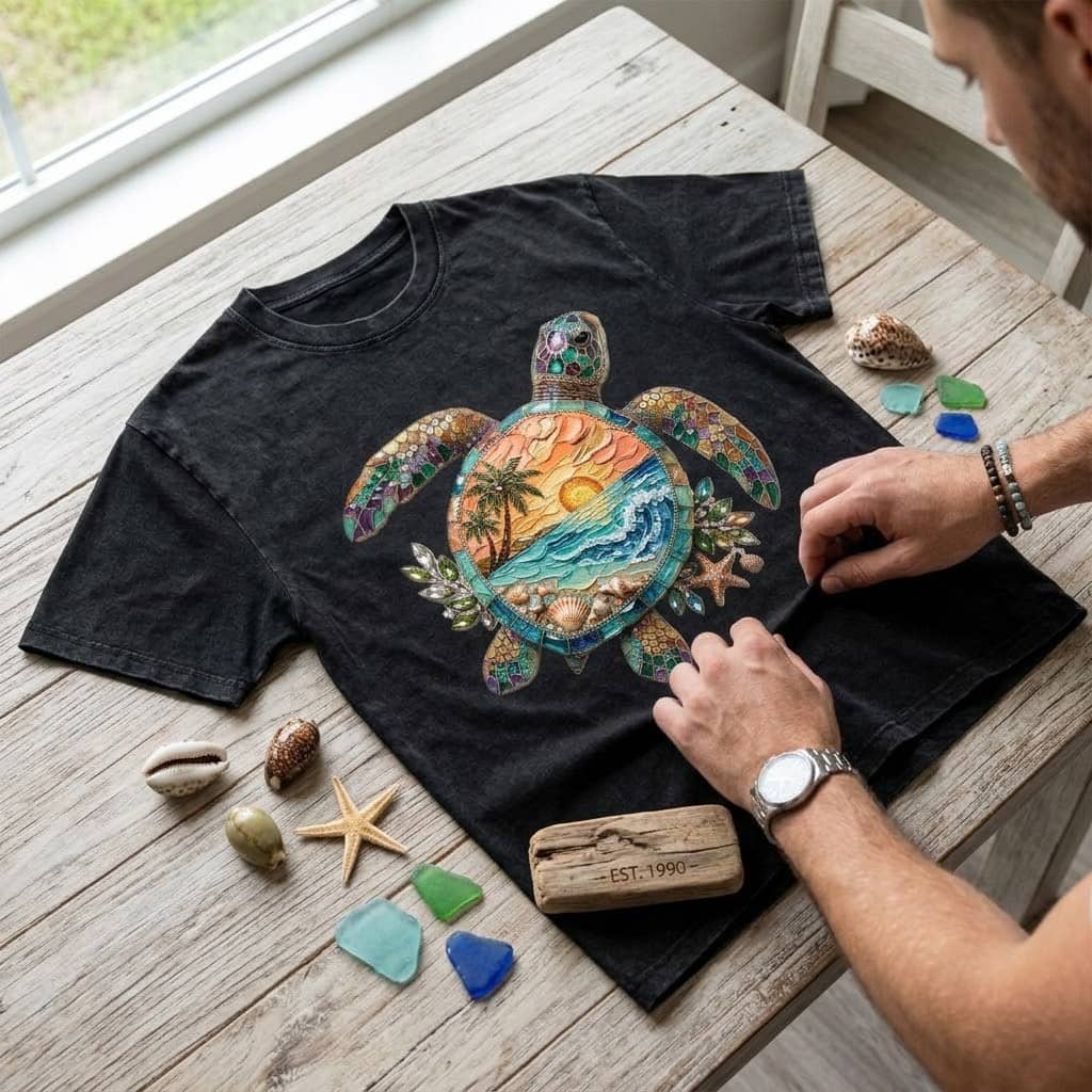 Vintage Wash Mosaic Turtle Tee - Retro Coastal Aesthetic Beach Shirt thumbnail - detail view