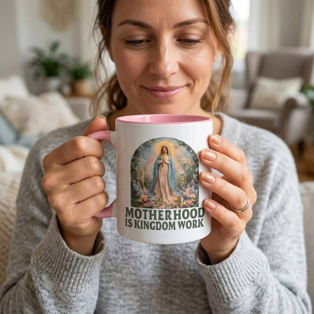 Motherhood is Kingdom Work Accent Mug – Religious Faith Gift for Mama thumbnail - back view