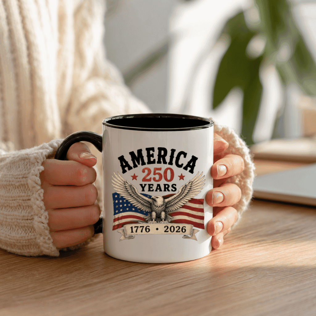 Patriotic USA 250 Accent Mug – 1776-2026 Anniversary Gift for Dad Mom, Vintage 4th of July American Flag thumbnail - lifestyle view