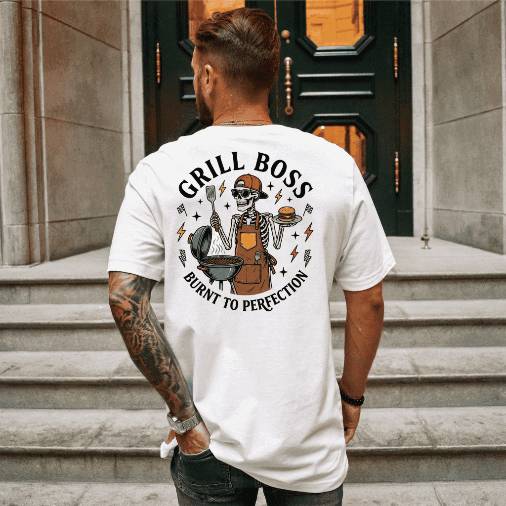 Grill Boss Burnt to Perfection T-Shirt – Funny Father's Day Gift for Dad, BBQ Skeleton Tee thumbnail - lifestyle view