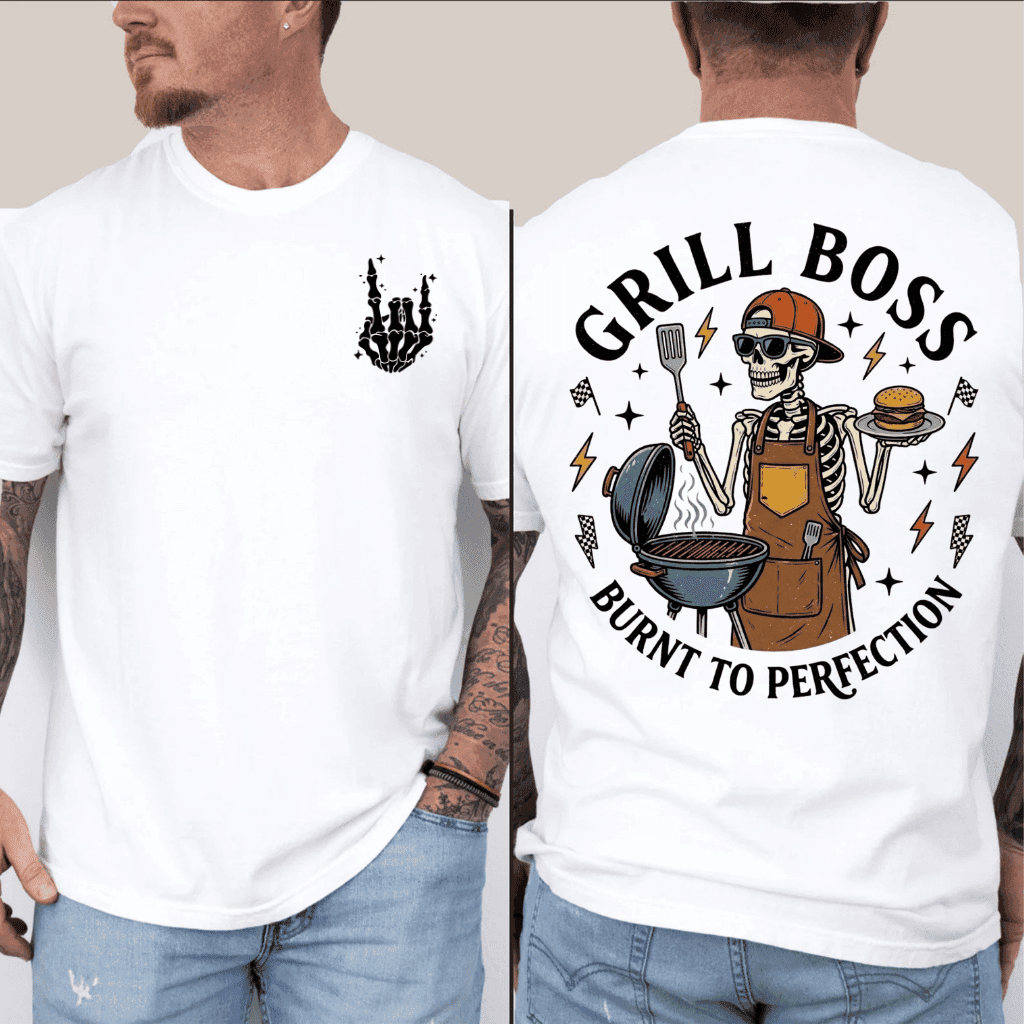 Grill Boss Burnt to Perfection T-Shirt – Funny Father's Day Gift for Dad, BBQ Skeleton Tee thumbnail - back view