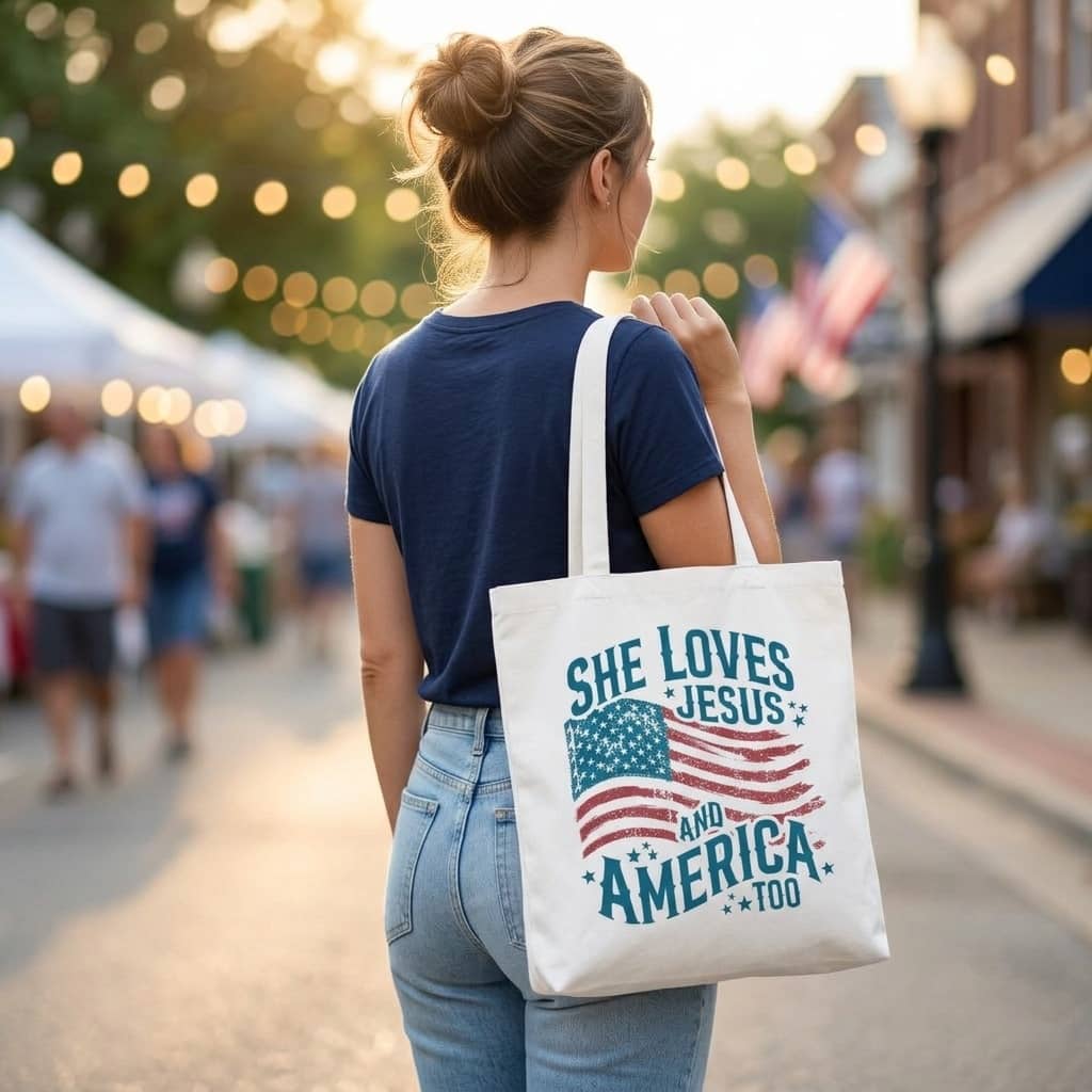 Patriotic Christian Cotton Tote Bag - She Loves Jesus Everyday Canvas Bag thumbnail - back view
