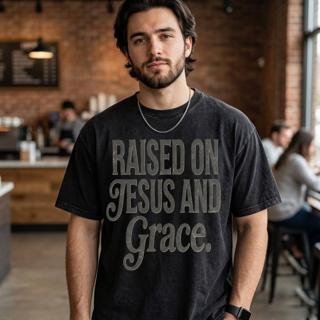 Raised On Jesus and Grace Wash Tee – Christian Gift for Believers Vintage Western Distressed thumbnail - back view