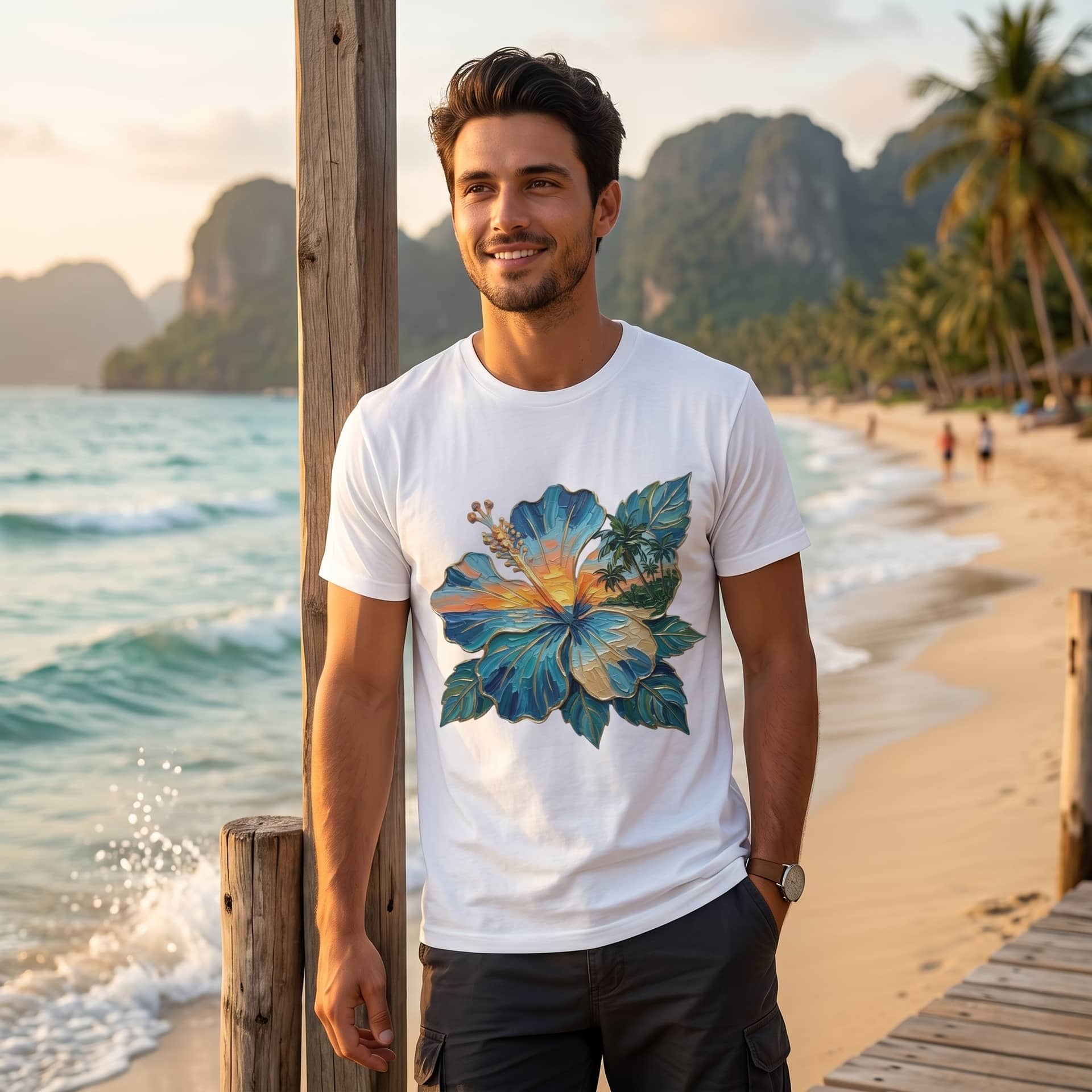 Blue Hibiscus Beach Sunset Oil Painting T-Shirt, Tropical Ocean Art Graphic Tee thumbnail - detail view
