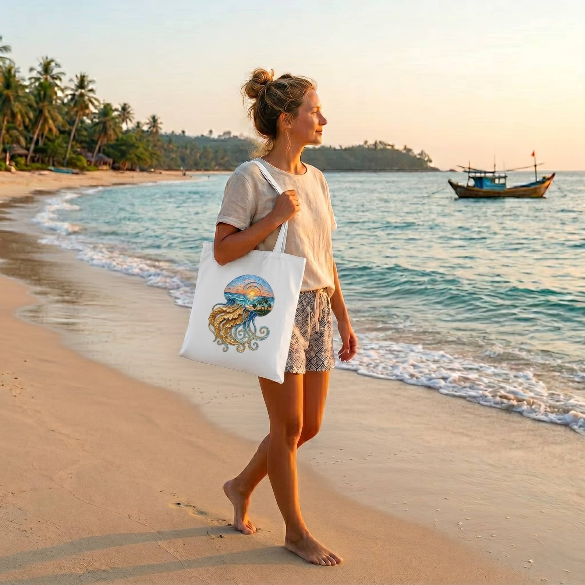 Jellyfish Ocean Landscape Cotton Tote Bag, Eco-Friendly Summer Beach Reusable Bag thumbnail - detail view