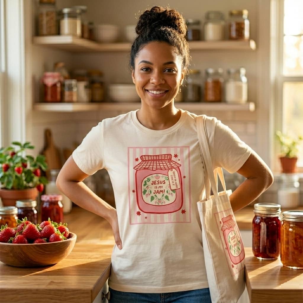 Cute Jesus Is My Jam Cotton Tote - Aesthetic Strawberry Jam Jar Beach Bag thumbnail - detail view