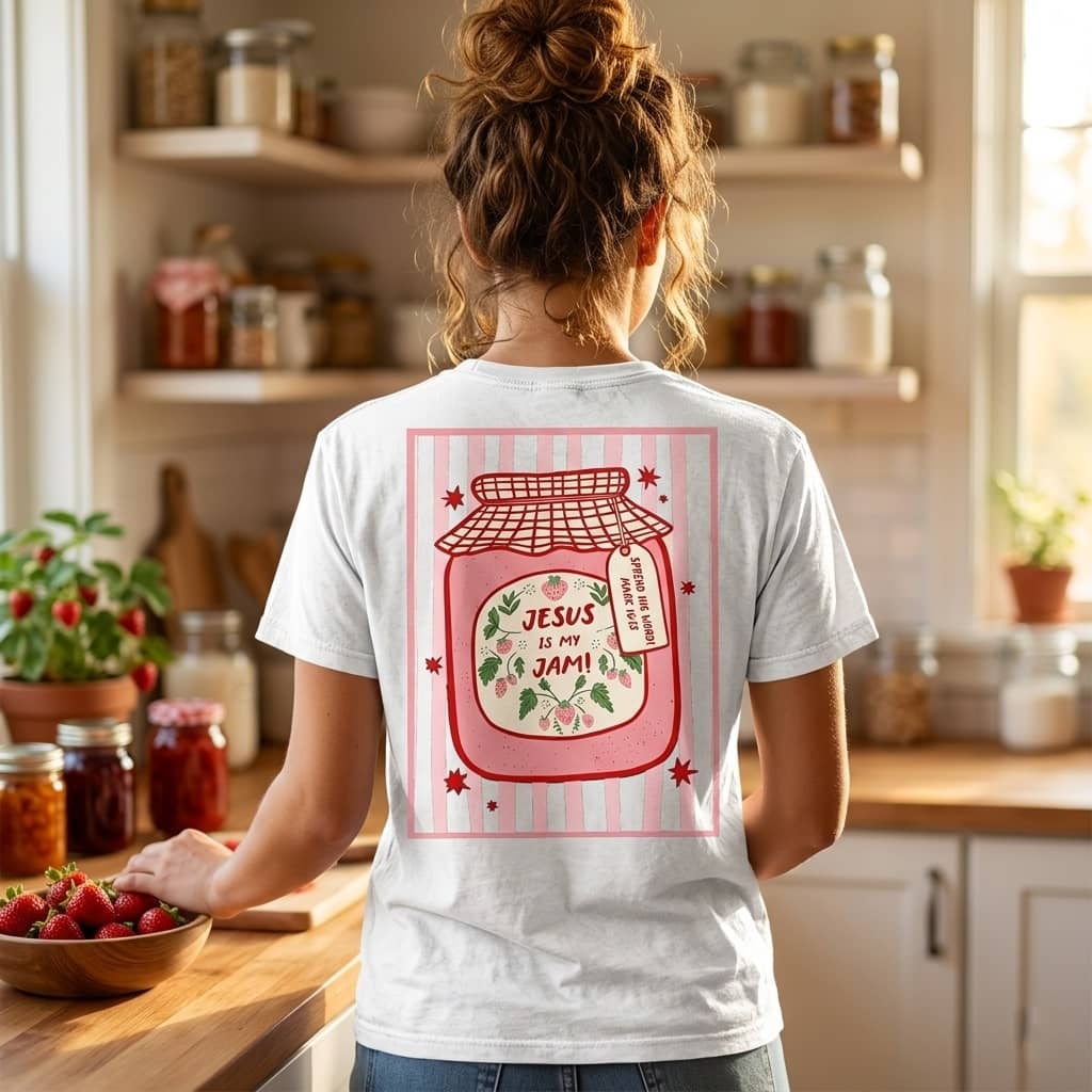 Comfort Colors Jesus Is My Jam Shirt - Premium Soft Pink Gingham Christian Tee thumbnail - back view