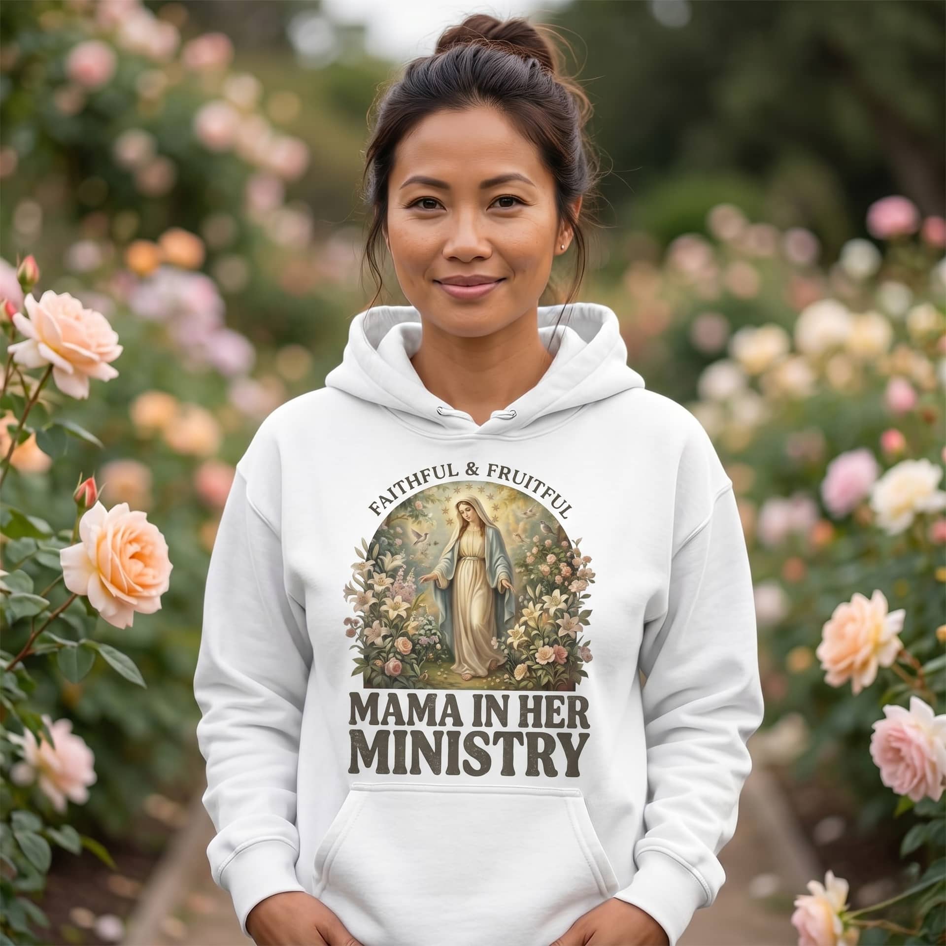 Mama in Her Ministry Faithful Fruitful Hoodie – Faithful Christian Mama Gift thumbnail - back view