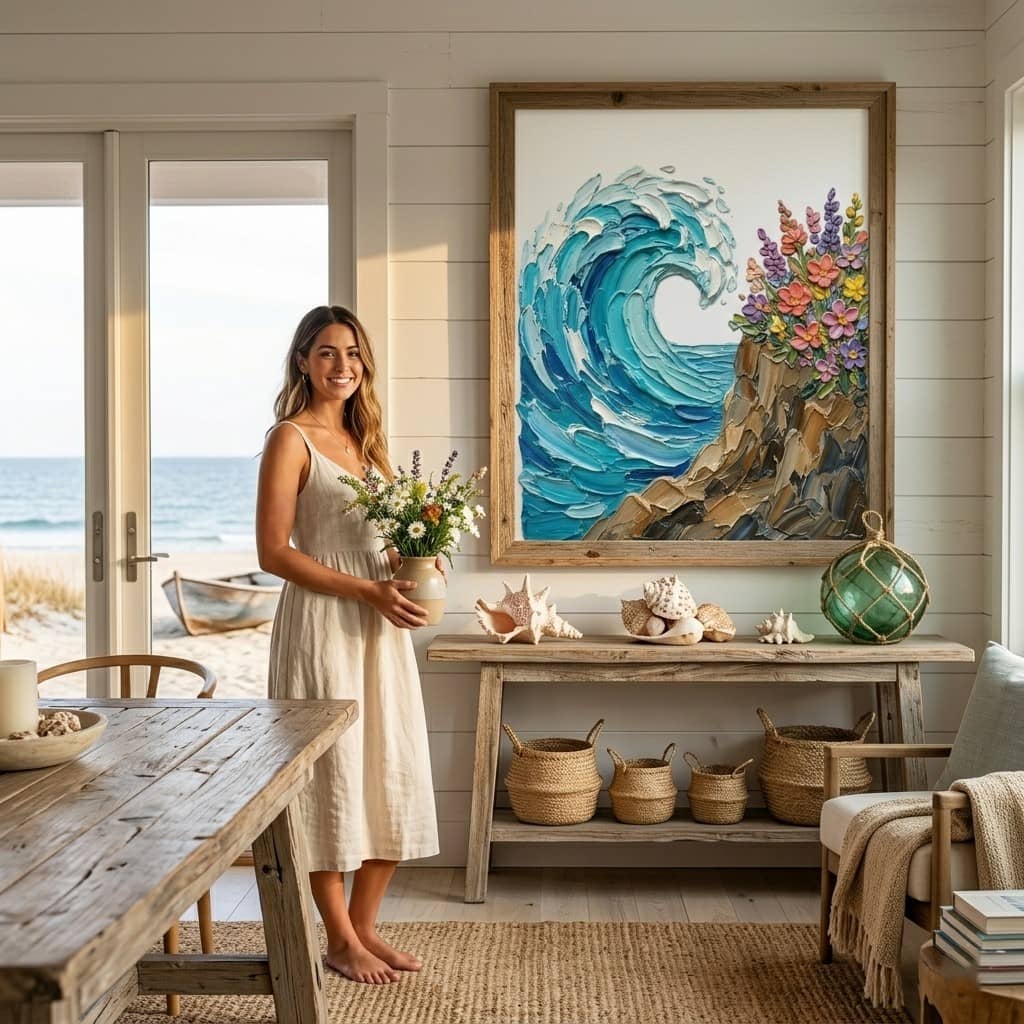 Ocean Wave & Wildflowers Impasto Art Poster – Textured Nature Wall Art Decor thumbnail - back view