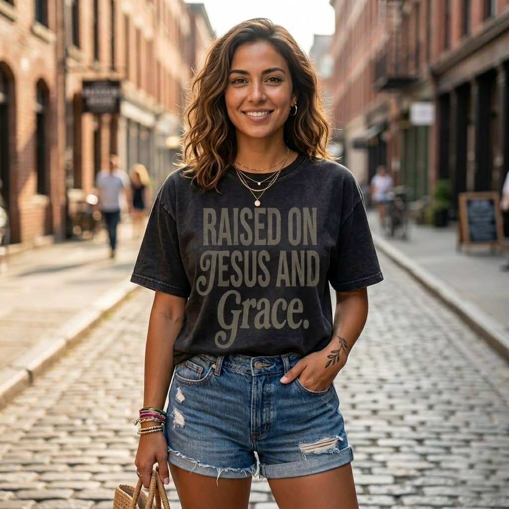 Raised On Jesus and Grace Wash Tee – Christian Gift for Believers Vintage Western Distressed thumbnail - detail view