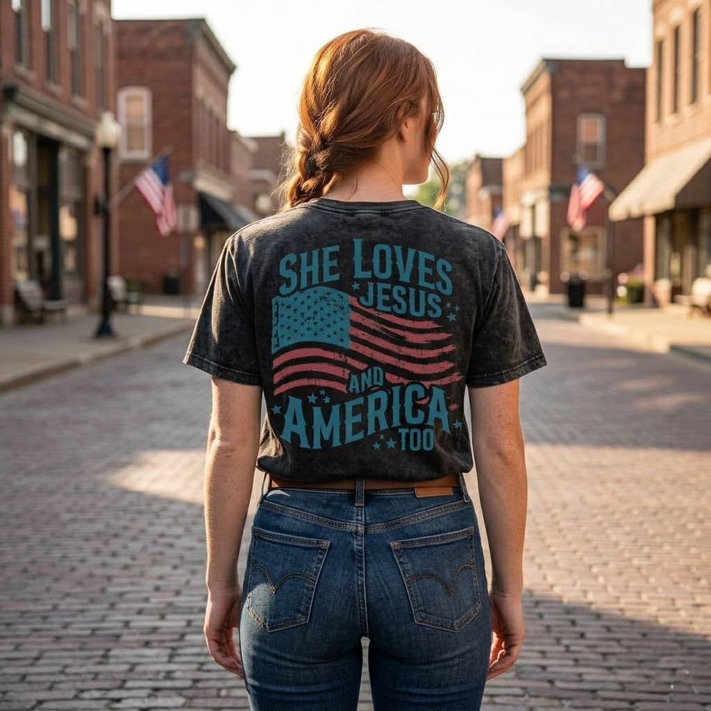 Vintage Wash She Loves Jesus T-Shirt - Distressed Patriotic Faith Shirt thumbnail - back view