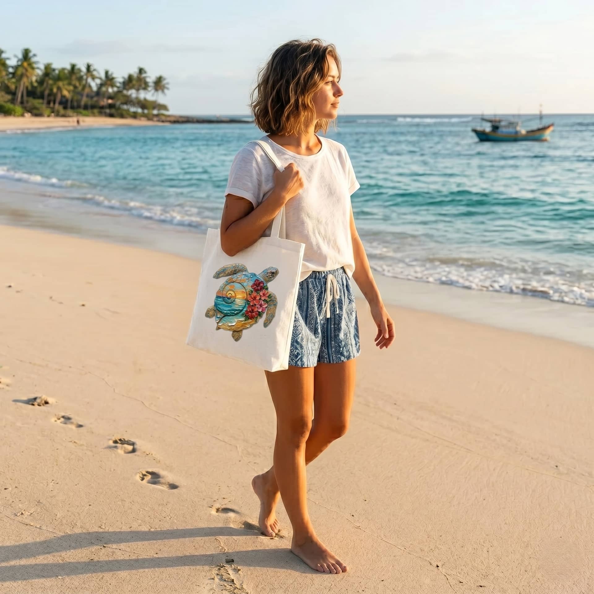 Sea Turtle Hibiscus Flower Cotton Tote Bag, Aesthetic Reusable Canvas Beach Bag thumbnail - detail view