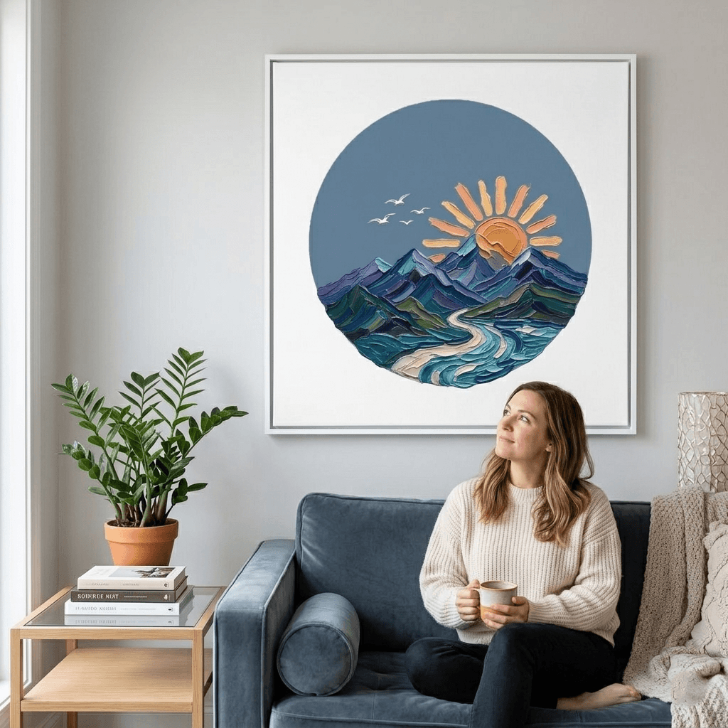 Mountain River Sunrise Impasto Art Poster – Textured Nature Wall Art Decor thumbnail - detail view