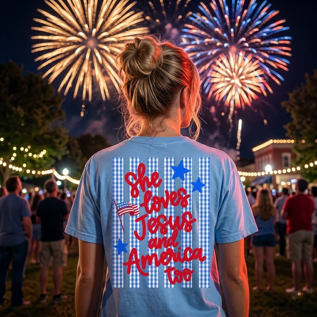 Comfort Colors She Loves Jesus Shirt - Premium Soft Blue Gingham America Tee thumbnail - back view