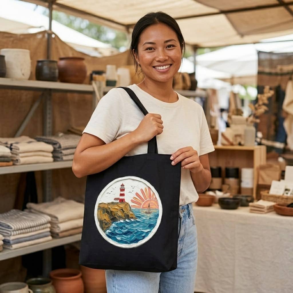 Lighthouse Sunset Impasto Oil Painting Cotton Tote – Canvas Beach Bag thumbnail - detail view