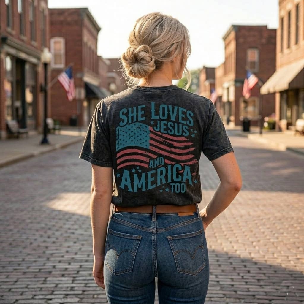 Vintage Wash She Loves Jesus T-Shirt - Distressed Patriotic Faith Shirt thumbnail - detail view