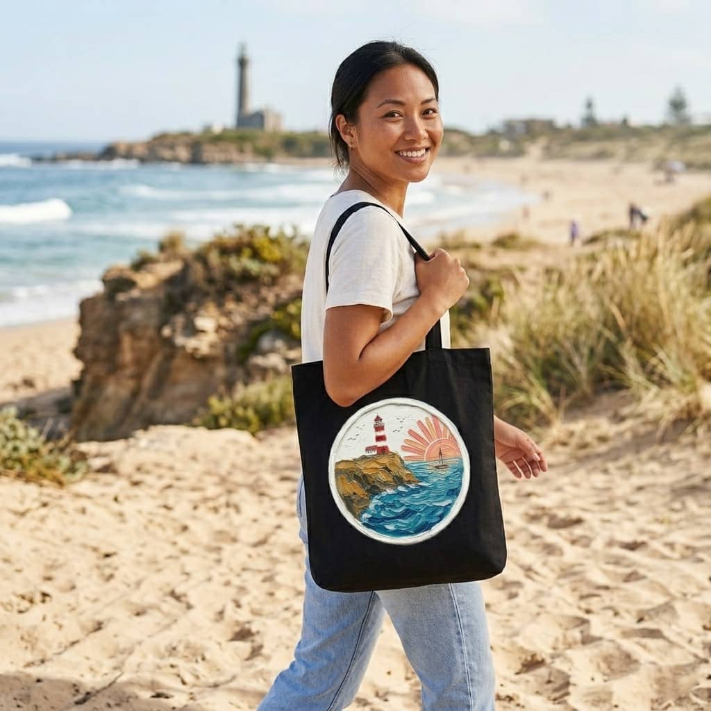 Lighthouse Sunset Impasto Oil Painting Cotton Tote – Canvas Beach Bag thumbnail - back view
