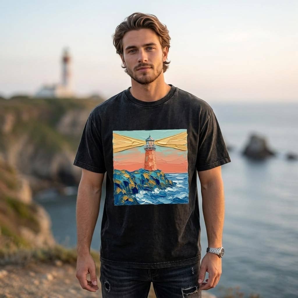 Radiant Lighthouse Beacon Impasto Art Wash Tee – Vintage Coastal Aesthetic thumbnail - detail view