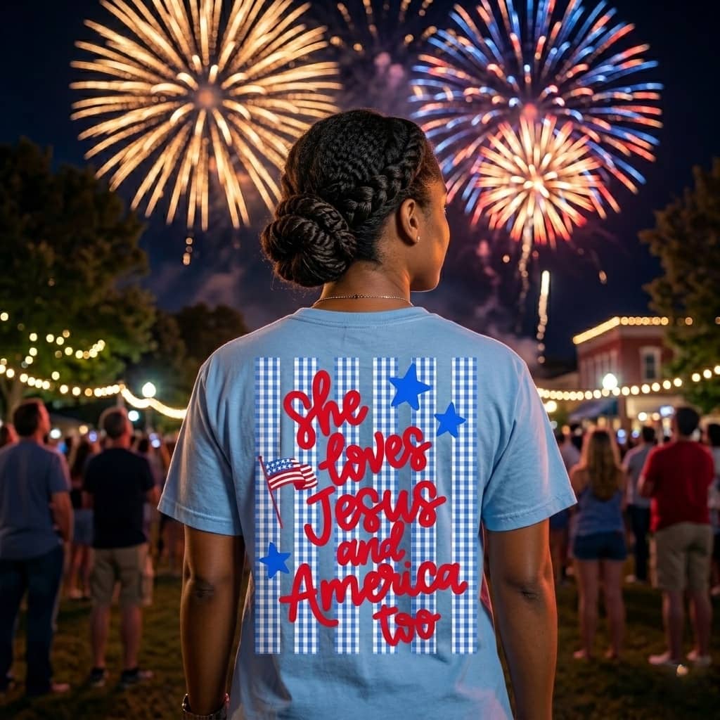 Comfort Colors She Loves Jesus Shirt - Premium Soft Blue Gingham America Tee thumbnail - detail view