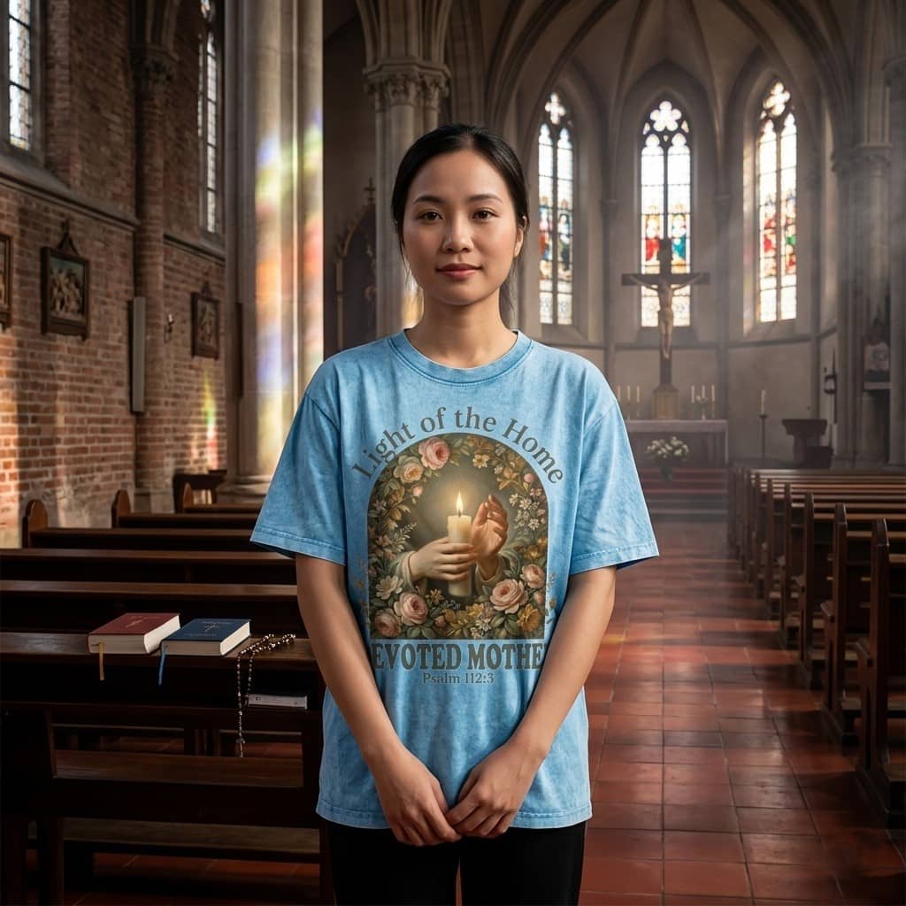 Light of the Home Devoted Mother Wash Tee – Vintage Faith Gift for Her thumbnail - back view