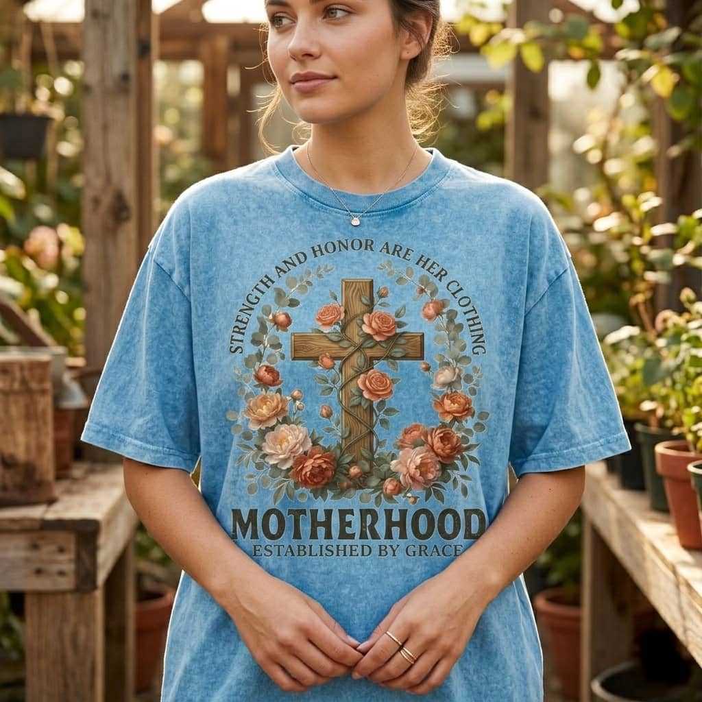 Motherhood Established by Grace Wash Tee – Vintage Christian Motherhood Gift thumbnail - detail view