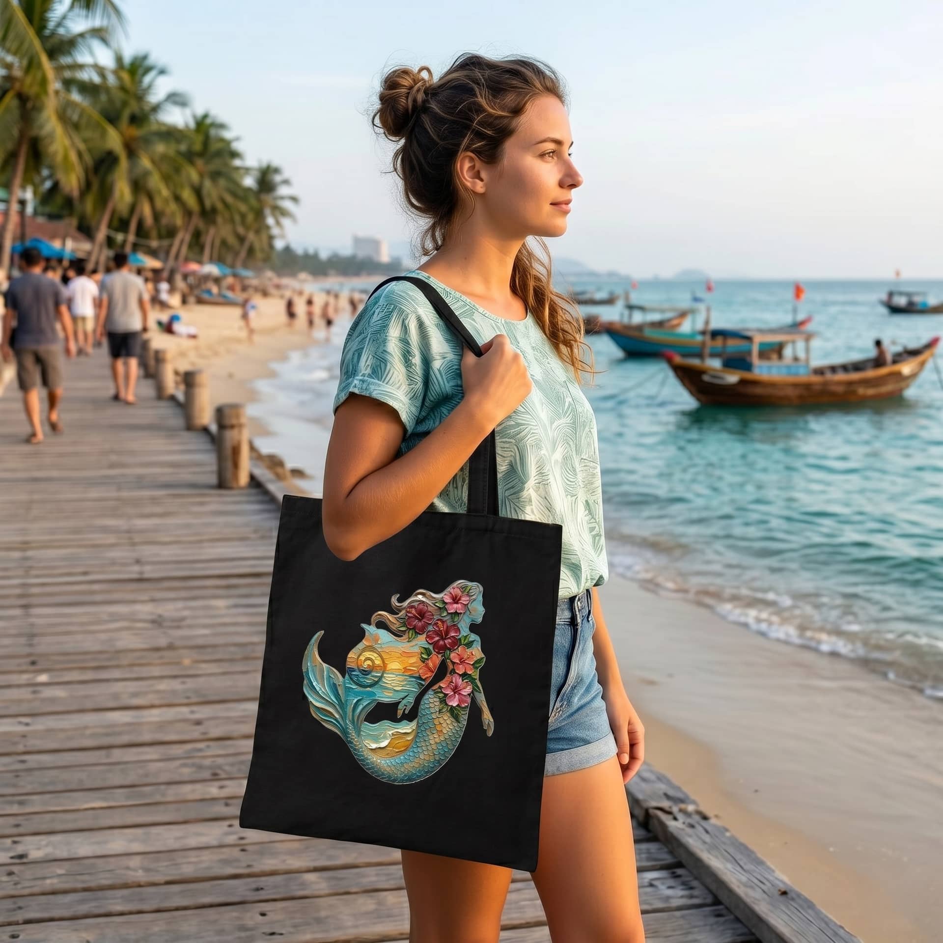 Mermaid Hibiscus Flower Cotton Tote Bag, Aesthetic Reusable Canvas Beach Bag thumbnail - back view