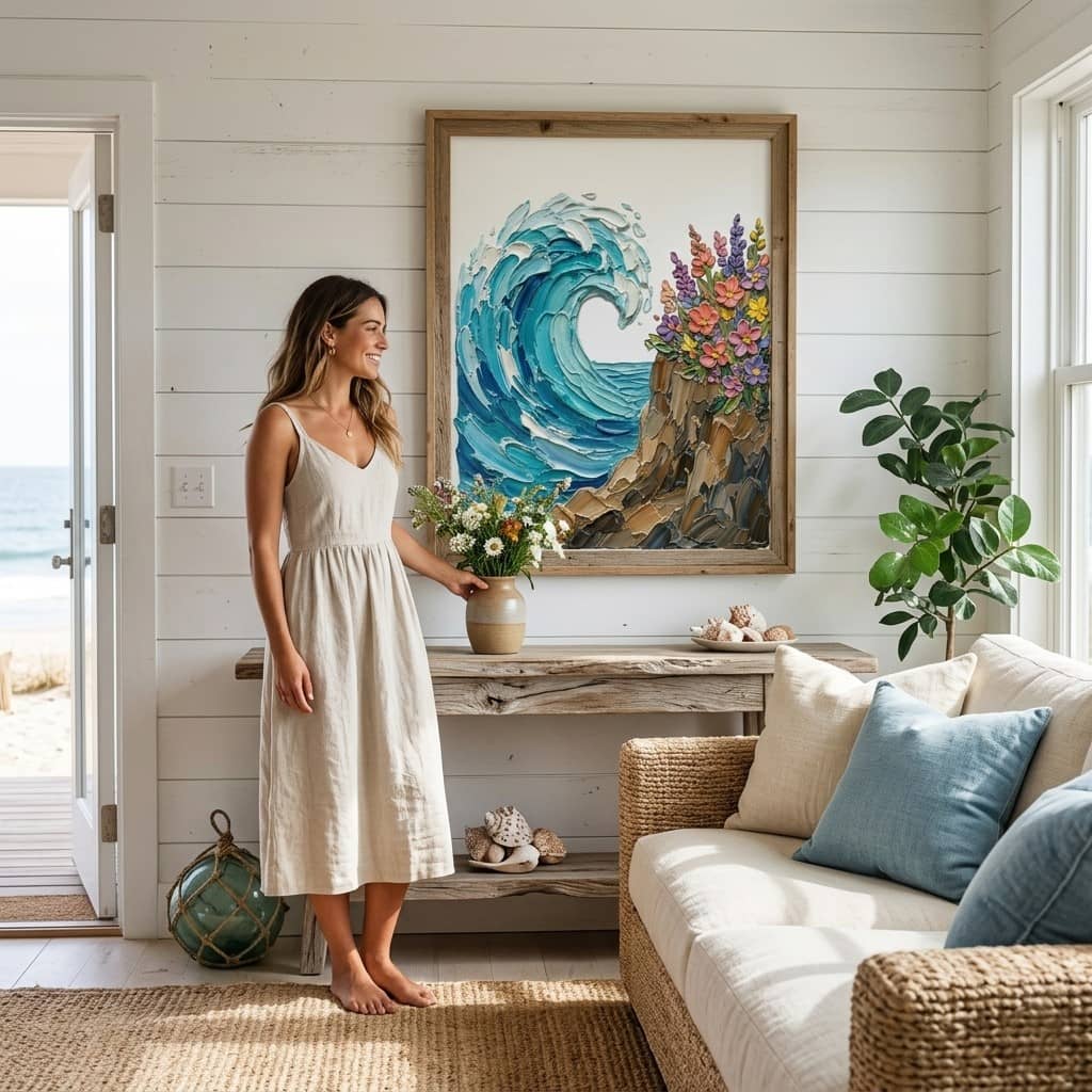 Ocean Wave & Wildflowers Impasto Art Poster – Textured Nature Wall Art Decor thumbnail - detail view