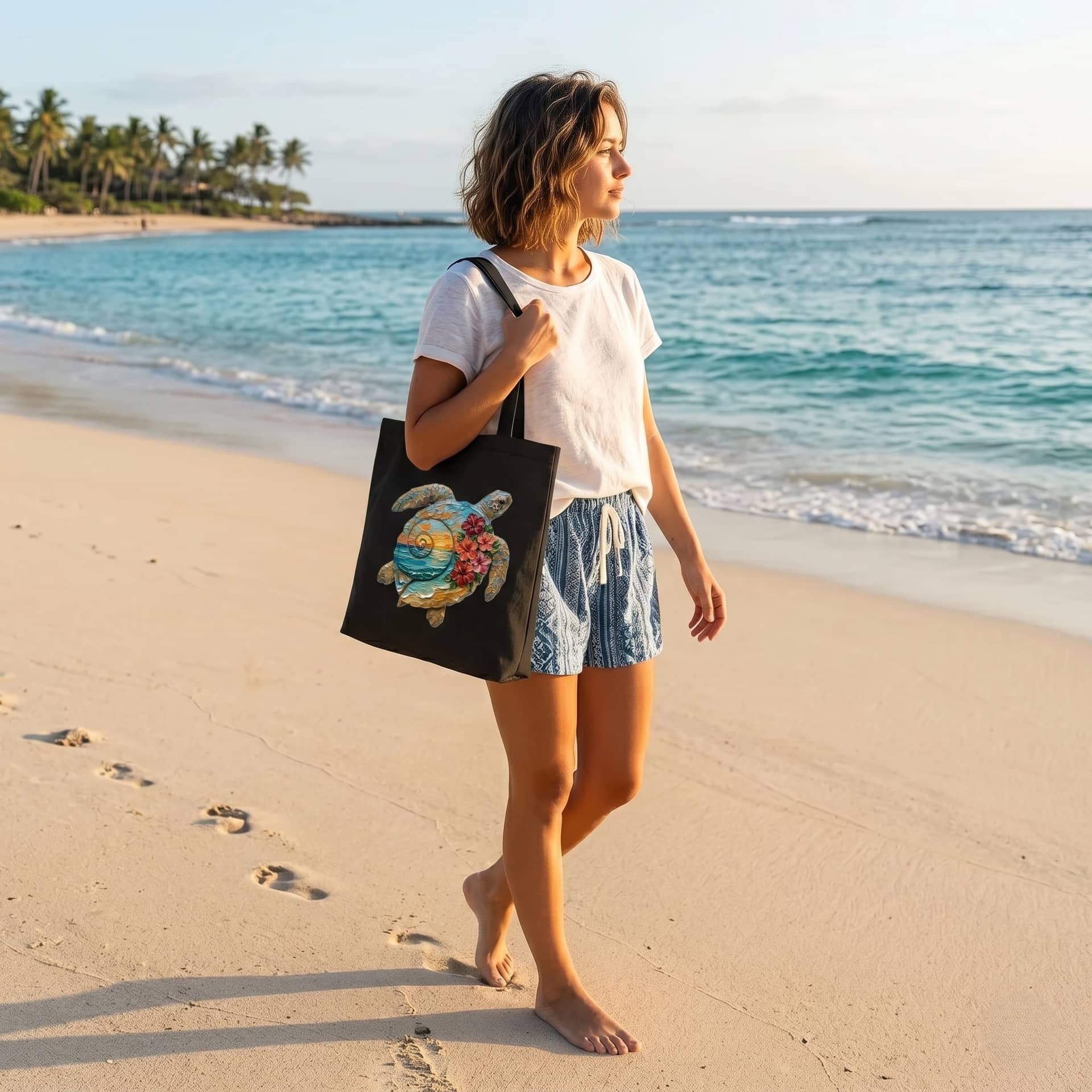 Sea Turtle Hibiscus Flower Cotton Tote Bag, Aesthetic Reusable Canvas Beach Bag thumbnail - back view
