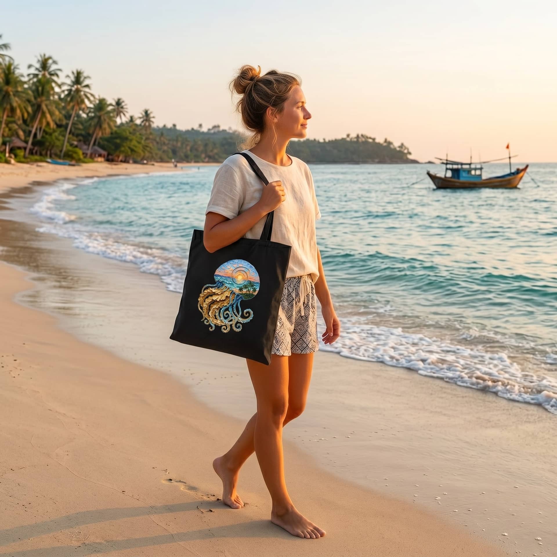 Jellyfish Ocean Landscape Cotton Tote Bag, Eco-Friendly Summer Beach Reusable Bag thumbnail - back view