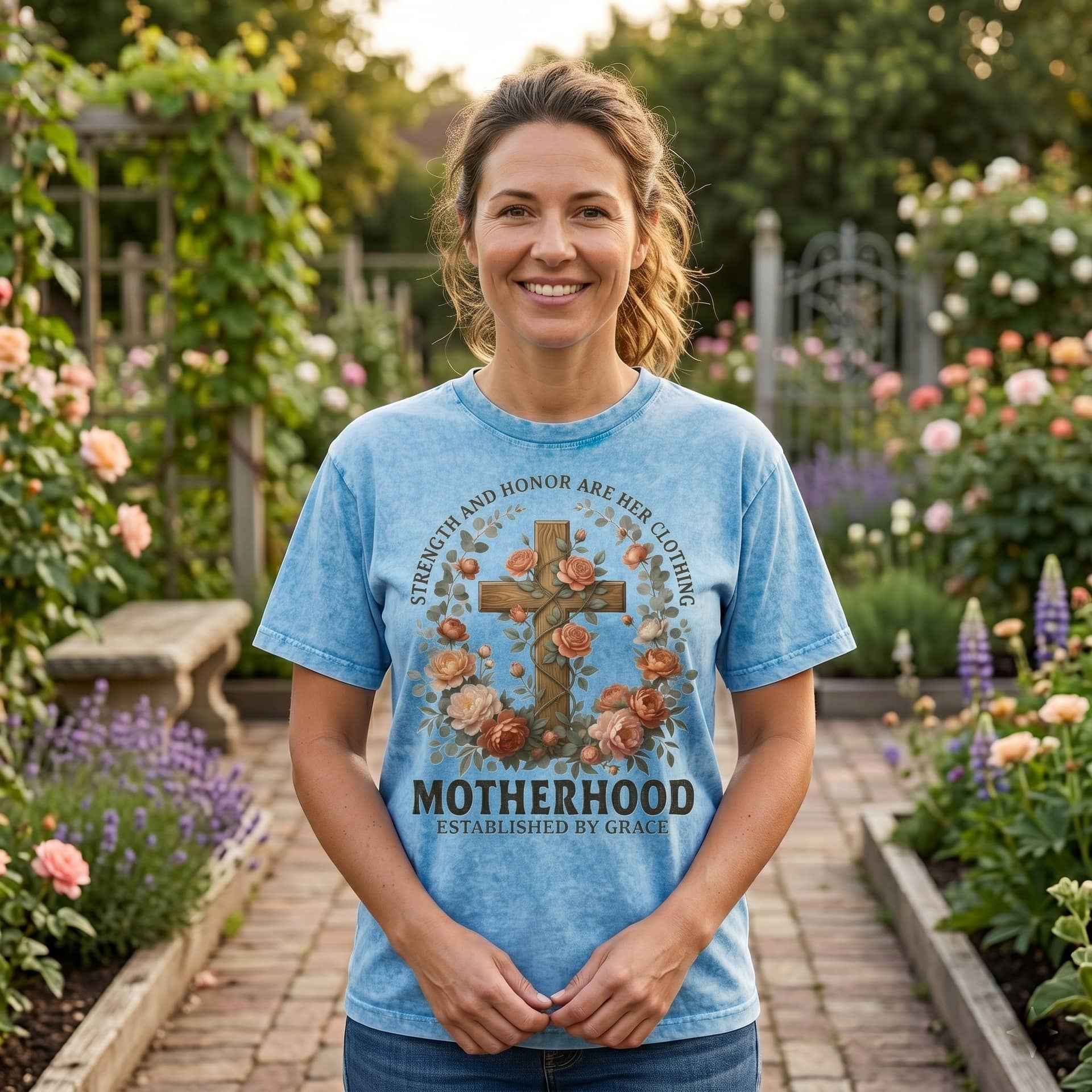 Motherhood Established by Grace Wash Tee – Vintage Christian Motherhood Gift thumbnail - back view