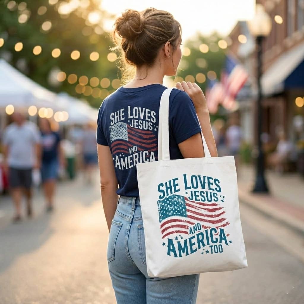 Patriotic Christian Cotton Tote Bag - She Loves Jesus Everyday Canvas Bag thumbnail - detail view
