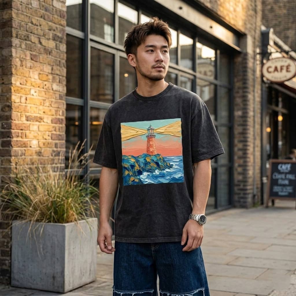 Radiant Lighthouse Beacon Impasto Art Wash Tee – Vintage Coastal Aesthetic thumbnail - back view