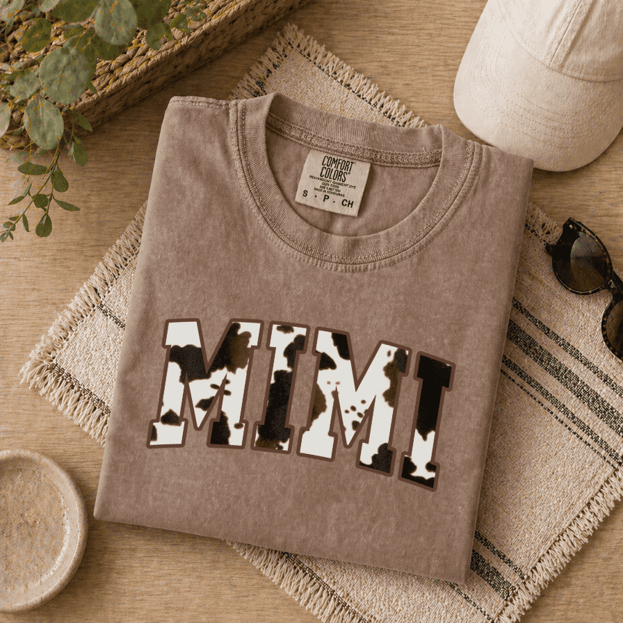 Cow Print Mimi Comfort Colors T-Shirt – Mother's Day Gift for Grandmother from Grandkids, Retro Tee thumbnail - detail view