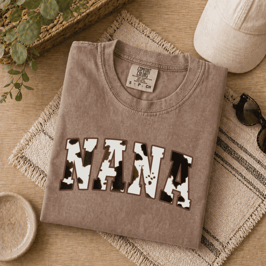 Cow Print Nana Comfort Colors Shirt – Mother's Day Gift for Grandma from Grandkids, Retro Tee thumbnail - detail view
