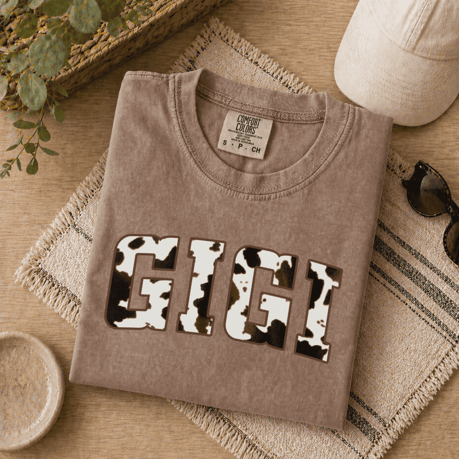 Cow Print Gigi Comfort Colors Shirt – Mother's Day Gift for Grandmother from Grandkids, Retro Tee thumbnail - detail view