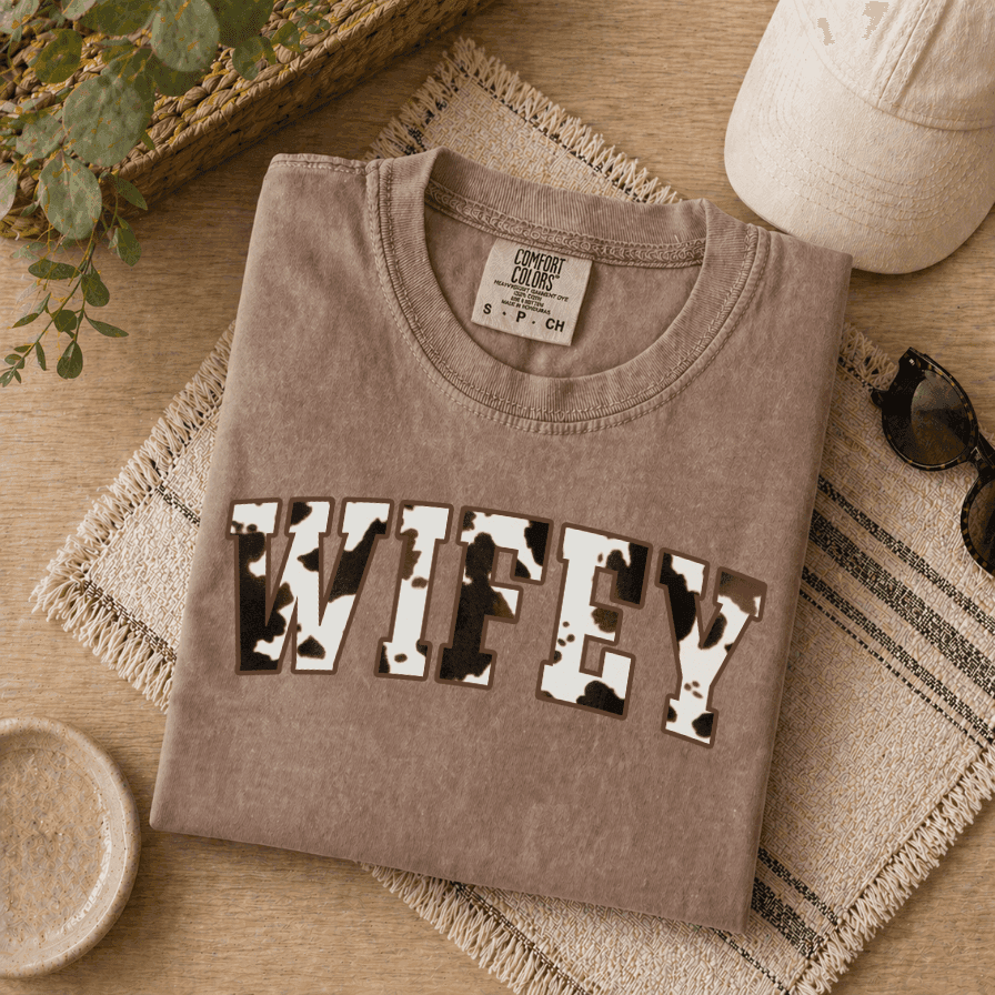 Cow Print Wifey Comfort Colors Shirt – Western Bridal Gift for Bride, Country Cowgirl Honeymoon Tee thumbnail - detail view
