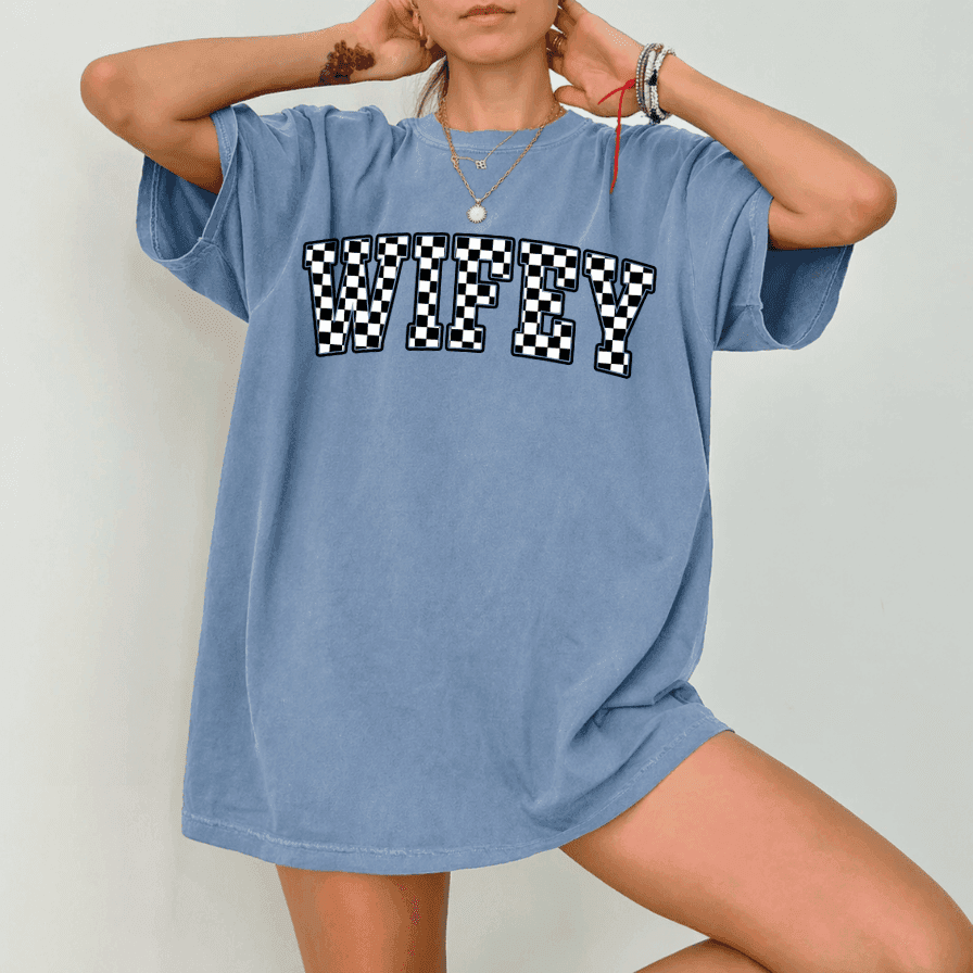 Checkered Wifey Comfort Colors T-Shirt – Bridal Shower Gift for Bride, Honeymoon Vibes Tee thumbnail - back view