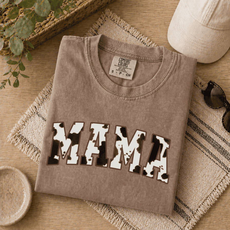 Cow Print Mama Comfort Colors Shirt – Funny Gift for Mom, Mother's Day New Baby Pregnancy Announcement thumbnail - detail view