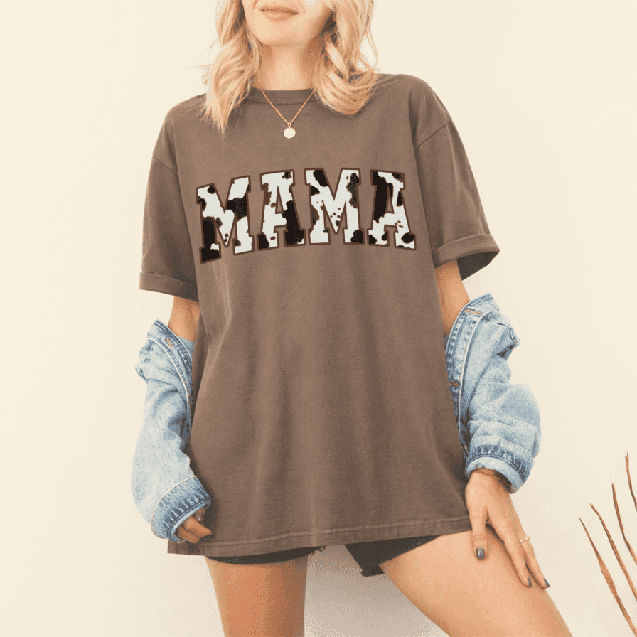 Cow Print Mama Comfort Colors Shirt – Funny Gift for Mom, Mother's Day New Baby Pregnancy Announcement thumbnail - back view