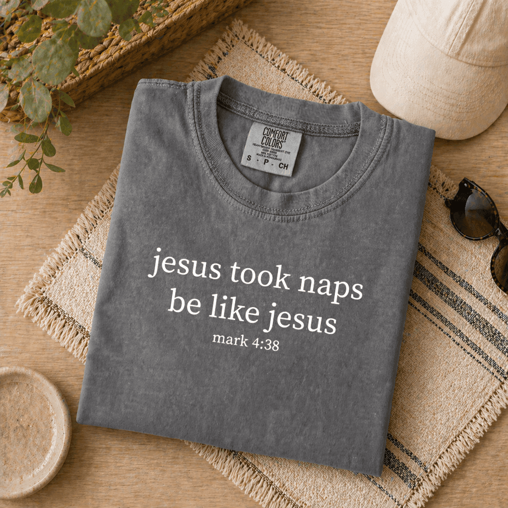 Jesus Took Naps Comfort Colors T-Shirt - Funny Christia Gift for Women, Bible Verse Mark 4:38 thumbnail - detail view
