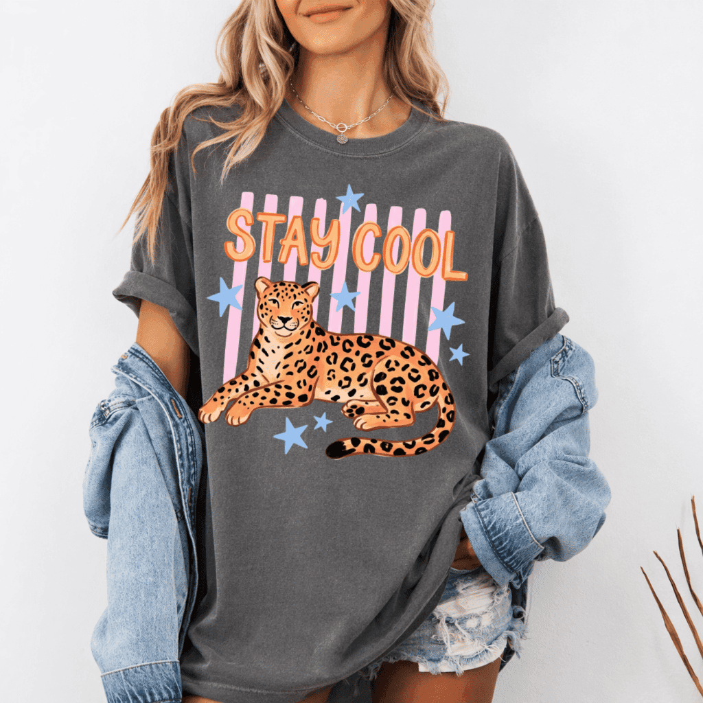 Stay Cool Leopard Comfort Colors T-Shirt – Cute Summer Vacation Gift for Women and Girls, Preppy Summer thumbnail - detail view