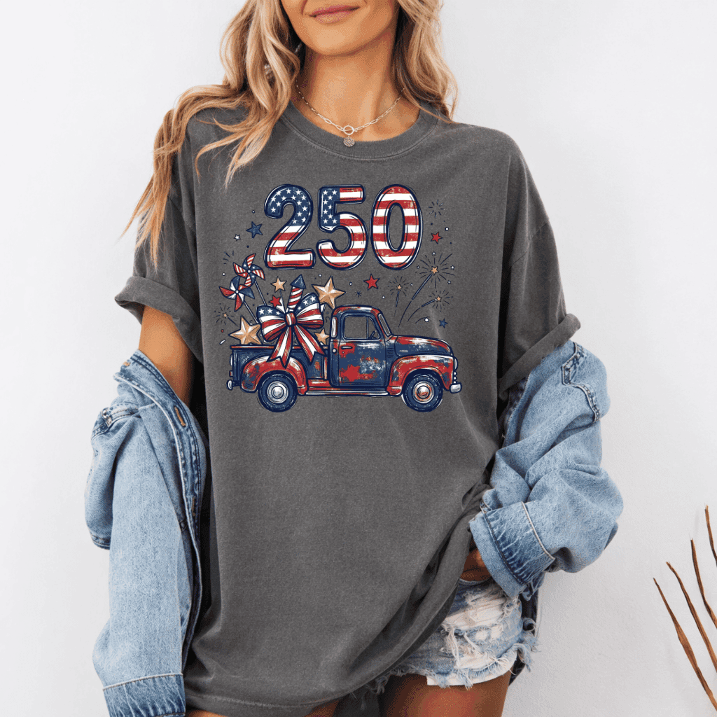 USA 250th Anniversary Fireworks Truck Comfort Colors T-Shirt 4th of July Independence Day Gift, Patriotic Tee thumbnail - lifestyle view